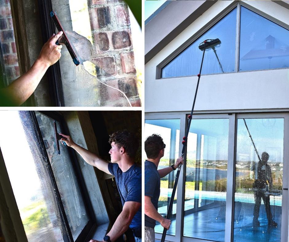 Blu technicians squeegeeing small panes by hand and cleaning tall gable glass with a long-reach brush